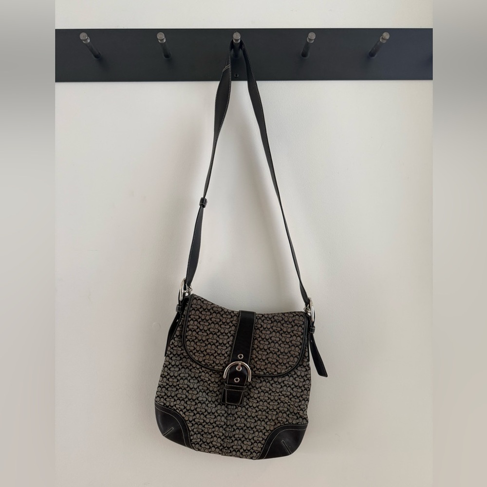 Coach Signature Canvas Crossbody Bag – Grey & Black Leather Trim